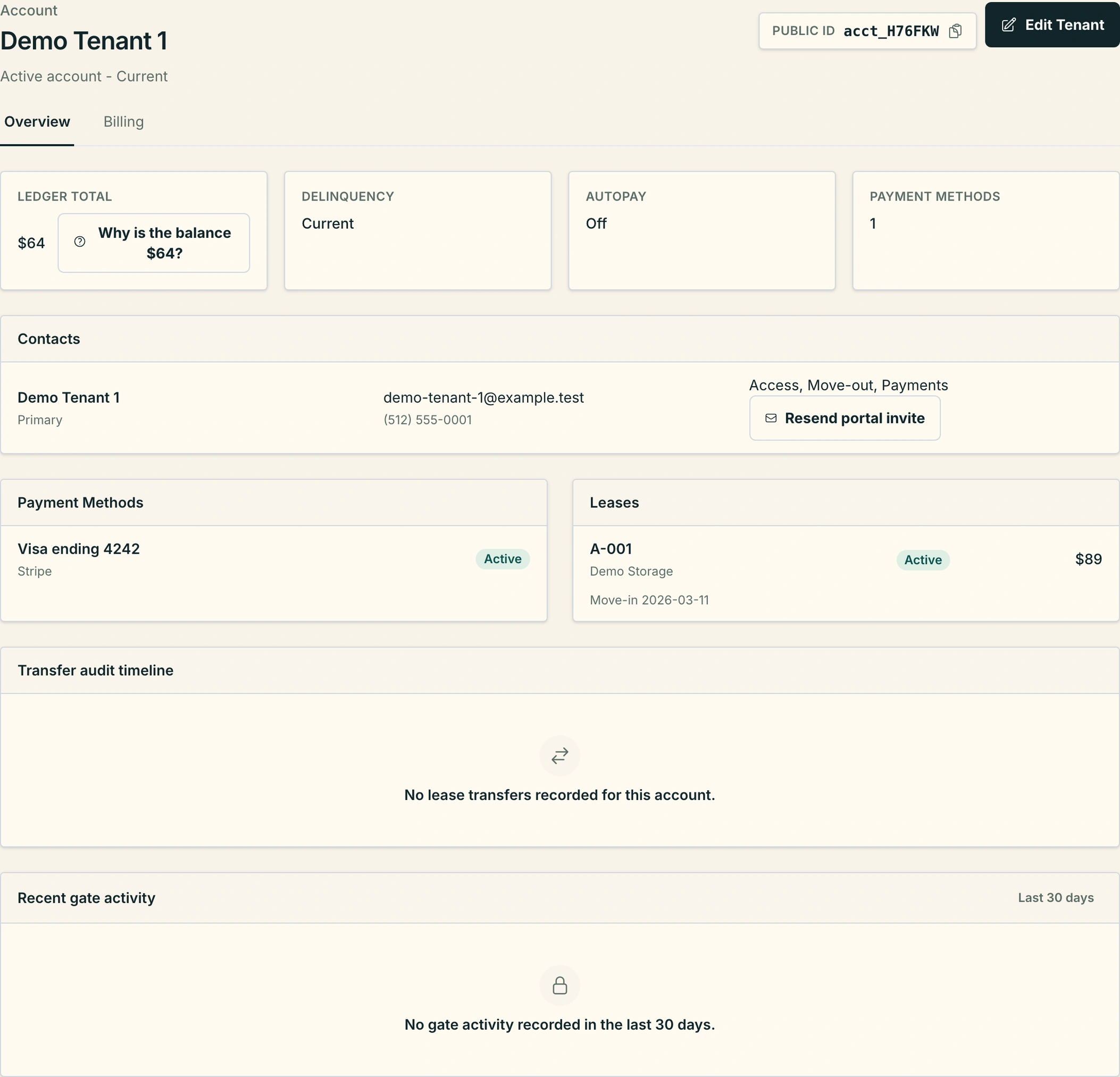 UnitOps account ledger showing charges, payments, and balances